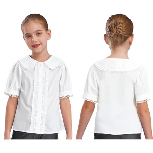 YiZYiF White Dress Shirt for Girls Plaid Blouse Ruffle Crop Tops 3-16Y Turn Down Collar School Clothes
