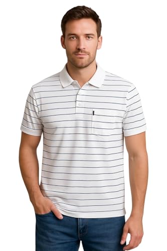 Image of WILD ELEPHANT Men Striped Polo T-Shirt | Cotton Short Sleeve Polo Neck with Button | Chest Pocket Casual Wear