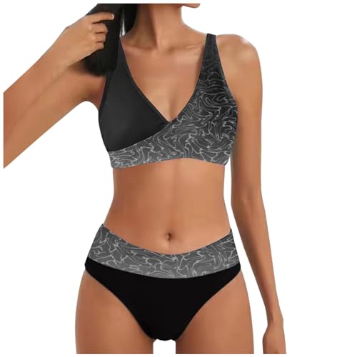 Allegorly Damen Bikini Set Triangel Breites Unterbrustband Zweiteiliger Badeanzug Wickeloptik Lace Up Bikini V Ausschnitt Blumenmuster Zweiteiliger Badeanzug Swimsuit (1A-Grey, XL)