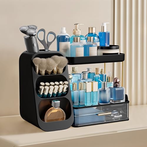 Image of HBlife Bathroom Organizers and Storage with Brush Holder for Vanity, 3 Tier Plastic Makeup Organizer for Dresser Counter, Skincare, Lipstick, Perfume, and Cosmetic Storage, Black
