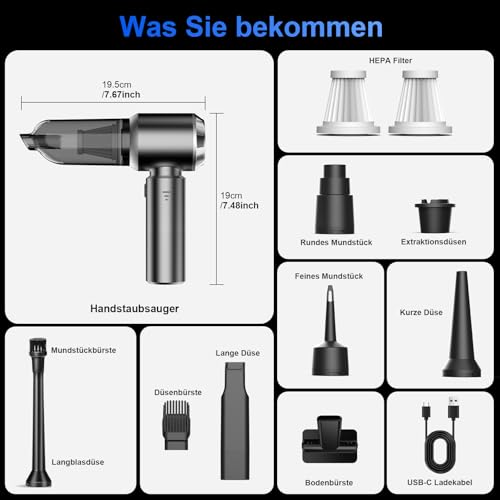 Handstaubsauger, 20000Pa Mini Akku Staubsauger Kabellos 4-In-1 Autostaubsauger 6000mAh 3-Gang Elektrische Staubgebläse für Auto, Küche, Büro, Haus, Camping, Tierhaare, Sofa, Tastaturen (Grau)