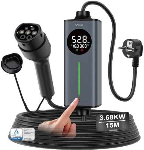 GONEO Cavo Ricarica Auto elettrica Tipo 2 3,68kw Schuko 16A monofase 15M | Protezione CA 30mA + CC 6mA,sensore di Temperatura e rilevamento Terra | Tempo e Corrente Regolabili,Caricatore Domestico VE