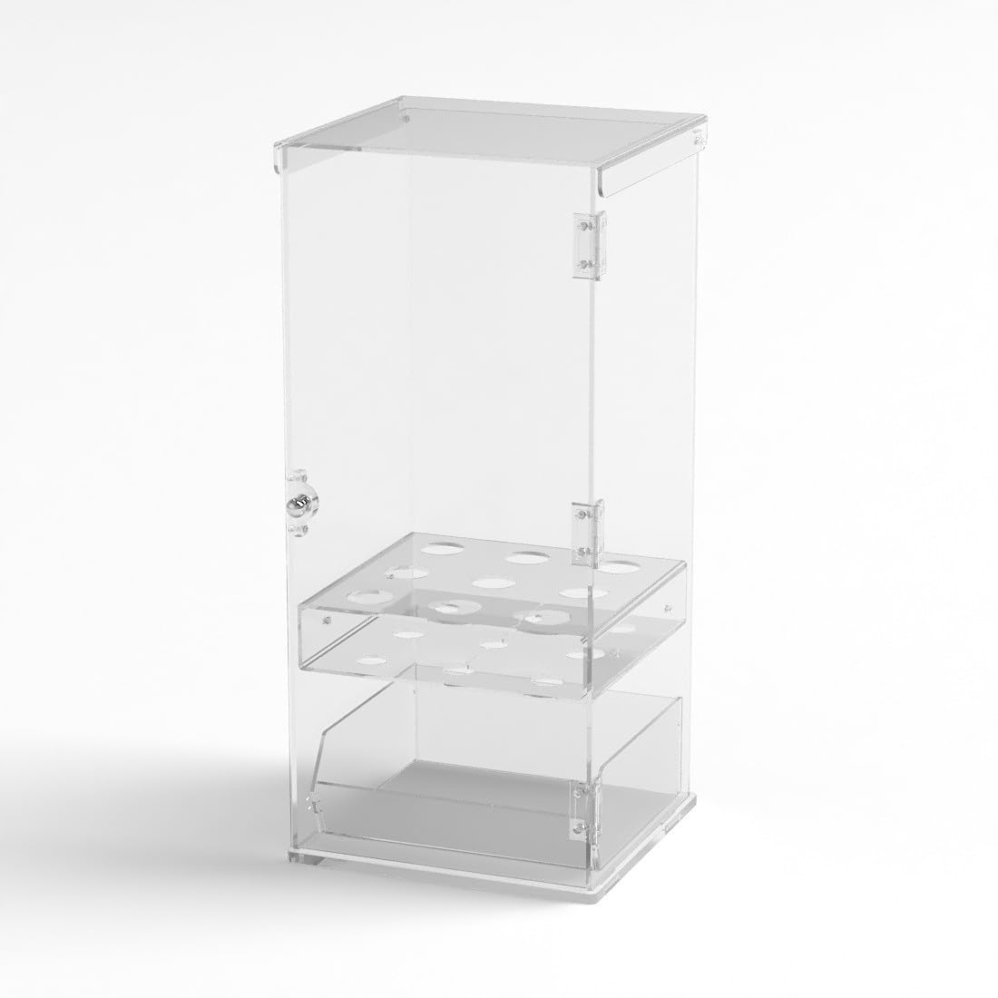 Porta coni gelato in plexiglass trasparente a 9 fori con vaschetta porta cucchiaini e con sportello - Misure: 24 x 23 x H55 cm