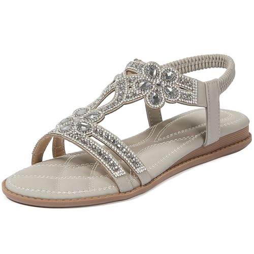 iCKER Women Rhinestone Sandals T-Strap Buckle Bohemian Pearl Crystal Flat Sandals