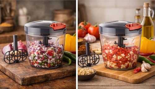 Image of 2 Pcs 2 in 1 Multipurpose Manual Vegetable, Dry Fruit and Onion Handy Chopper for Kitchen use and Quick Cutter with 3 Stainless Steel Blade, 1000ml