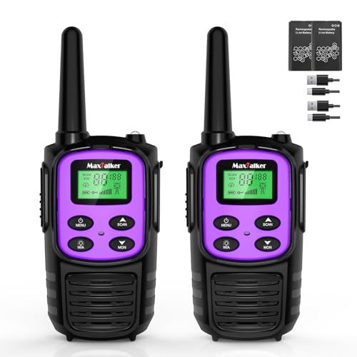 Image of MaxTalker Walkie Talkies Long Range, FRS Two Way Radio (2-Pack, Purple) | Rechargeable 1200mAh USB-C walkie talkie with NOAA, LED flashlight & VOX, Ideal for hiking, camping
