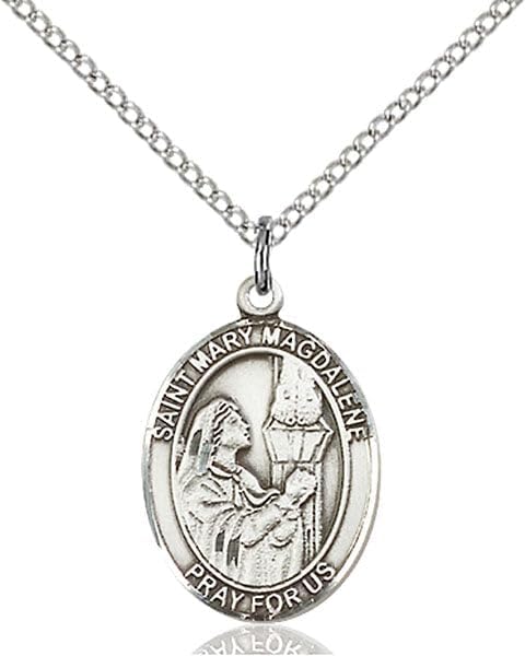 Medium Oval Sterling Silver St. Mary Magdalene Pendant with 18" chain, Made in USA
