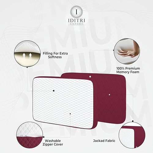 Image of Orthopedic Shredded Memory Foam Pillow Set of 2, 50x30x6 cm High Density Support for Neck Relief, White /Maroon Breathable Case, Aligned Spine Bedding for Side and Back Sleeper
