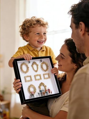 DIY Mini-Museum-Silhouette-Box, Personalisierte Familienfoto-Schattenbox-Rahmen mit 8 Goldenen Mini-Rahmen und 8 Mini-Figuren, für Heimdekoration, Jubiläen, Geburtstage und Weihnachten (Schwarz)