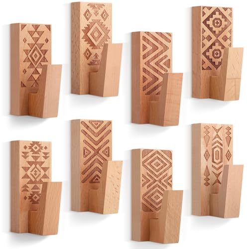 Amyhill 8 Pack Boho Decorative Wood Adhesive Wall Hooks, Boho Woo...