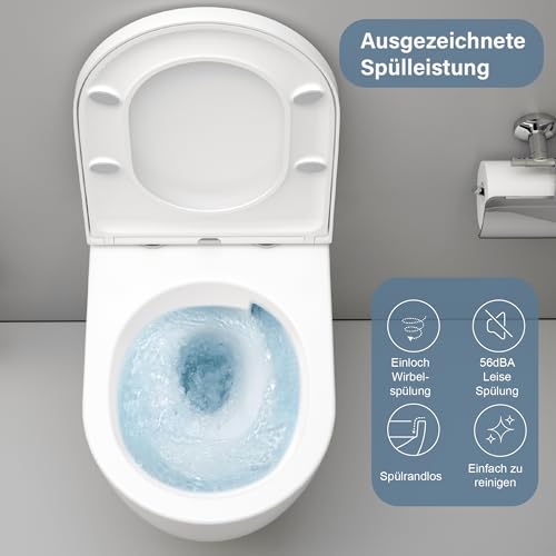 UDiseño® Spülrandloses Wand-WC Komplettset – Geräuscharm & Leicht zu Reinigen Hänge-Toilette, Tornado-Spülung, Absenkautomatik WC-Sitz, D-Form, 52,5 cm, Weiß