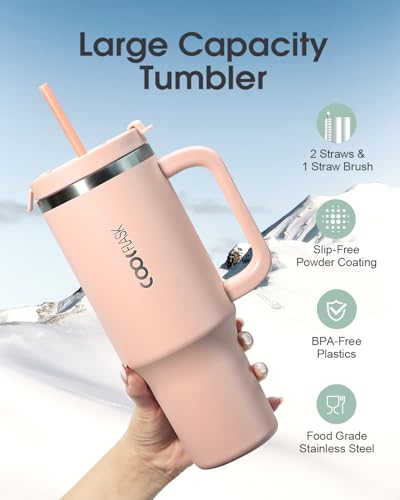 Image of Coolflask 40 oz Pink Insulated Tumbler With Handle, Lid and Straw - Stainless Steel Vacuum Travel Mug for Cup Holder, Keeps Cold for 24 Hrs /Hot for 12 Hrs