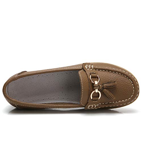 Image of Women Loafers Leather Rubber Sole Slip On Walking Flats Casual Moccasin Boat Shoes
