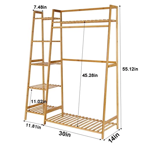 House of Quirk Bamboo Wood Garment Rack Clothing Rack with 5 Tiers Storage Shelf Corner Clothes Hanging Rack (Light Brown, 110CM) DIY Rack - Image 6