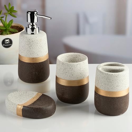 Kookee Ceramic Bathroom Accessories Set of 4, Modern Bath Set with Liquid handwash Soap Dispenser and Toothbrush Holder, Luxury Gift Accessory for Home, White/Grey (11986)