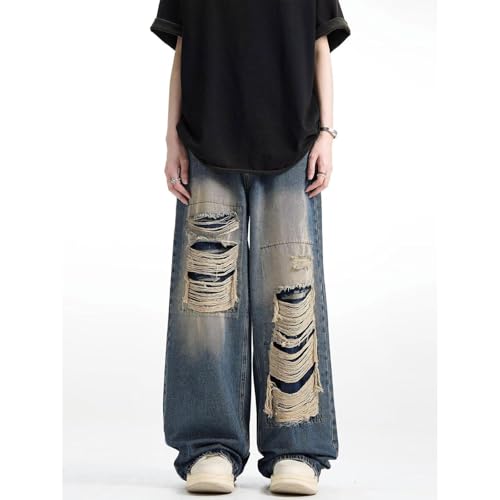 Men's Baggy Ripped Jeans High Waist Straight Leg Denim Pants Destroyed Distressed Jeans Y2K Grunge Jean Trousers2