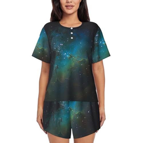 Pyjama à manches courtes femme imprimé vert galaxie pour la nuit