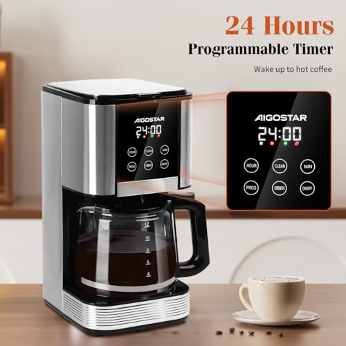 Aigostar Filter Coffee Machine with LED Touch Screen, 1.5L Programmable Coffee Maker with Timer, Regular & Strong Brewing, Pause & Serve, Keep Warm for 40min, Auto Clean, Stainless Steel, 1000W - Cora - Image 2