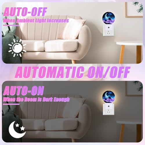 Image of Palm Tree Night Light Purple Blue Night Moon Night Lights LED Lamp Round Plug into Wall Nightlight with Dusk to Dawn Sensor Home Hallway Stairway Kitchen Decor