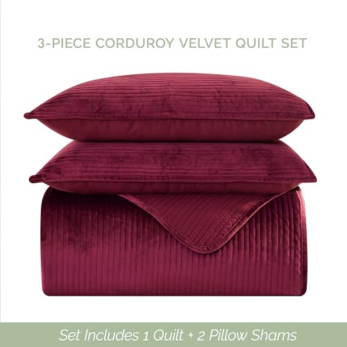 Elegant Comfort Luxury 3-Piece Velvet Corduroy Stripe Quilt Set, Ultra Soft Bedspread - Cozy Velvet Coverlet Set - 3PC Medium Weight Quilted Set with Matching Pillow Shams, Full, Burgundy