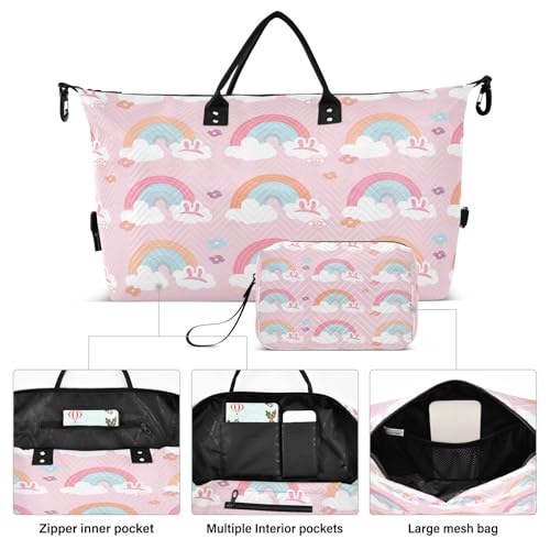 Large Foldable Travel Duffel Bag, Waterproof Gym Bag for Men & Women, Carry-On Luggage Weekender Overnight Bag, Rainbows Bunny Ears2