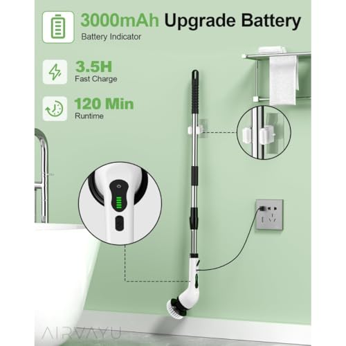 Image of Powerful Electric Spin Scrubber with Extendable Handle, 2-Speed Cordless, 9 Multi-Surface Brush Heads, 90Mins Work Time, 3 Adjustable Size, Rechargeable Cleaning Tool for Bathroom Tiles, Tub & Floors.