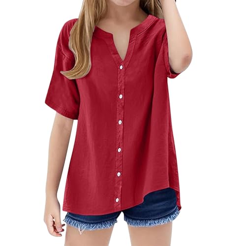 Girls' Short Sleeve T-Shirt Kids Girl Solid Color Tops V-Neck Casual T-Shirt Loose Button Tops for Summer