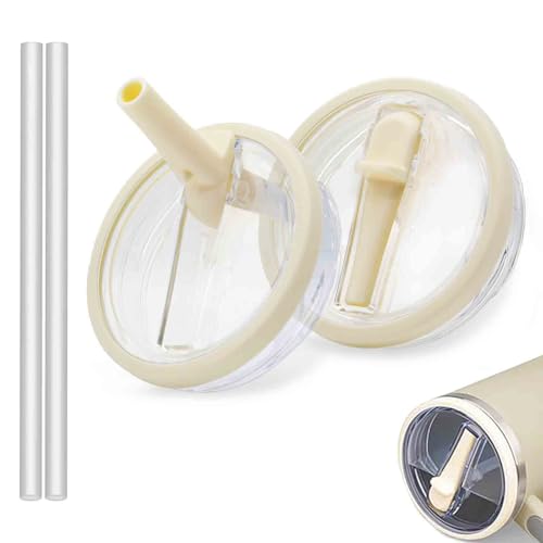 JIZHOUYAO 2 PCS 30 oz Tumbler Flip Straw Lid Replacement Fit for Stanley Quencher, Leak Proof Stanley Lid Replacement, Spill Proof Reusable Tumbler Cover with Stanley Cup Accessories (Cream)