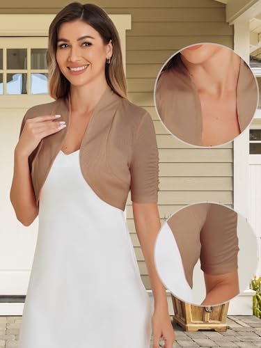 Image of Allegra K Short Sleeve Shrugs for Women Ruched Sleeve Open Front Cropped Bolero Cardigan
