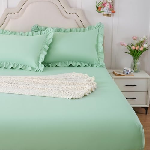 Image of Homiest 2-Pieces Ruffle Pillow Case & Fitted Sheet Set, Sage Green Twin Sheets with Ruffled Pillow Shams, 15 Inch Deep Pocket, Cute & Coquette Microfiber Bed Set for Decorating Bedroom Hotel