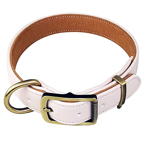 Joyeeiioo Dog Leather Collar-For Small Medium Large Dogs-Soft Padded Pet Collar-Adjustable Puppy Collars-Breathable & Heavy Duty-Classic Handmade- Strong & Durable (Beige, M) #TOP30