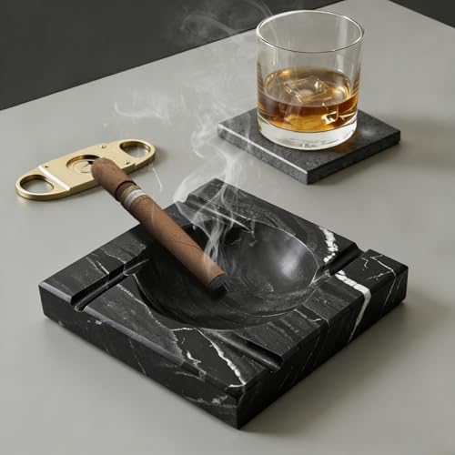 African Natural Marble Four Cigar Ashtray, 6" Large Square Ashtrays for Cigarettes Cigar, Decorative Ash Tray for Indoor Home Office Hotel Decor or Patio Balcony Outdoor Use (Monte Grigio)