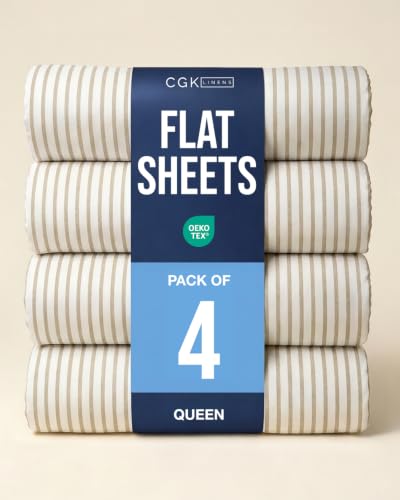 Queen Size Flat Sheet - Pack of 4 Top Flat Bed Sheet Only - Beige Stripes