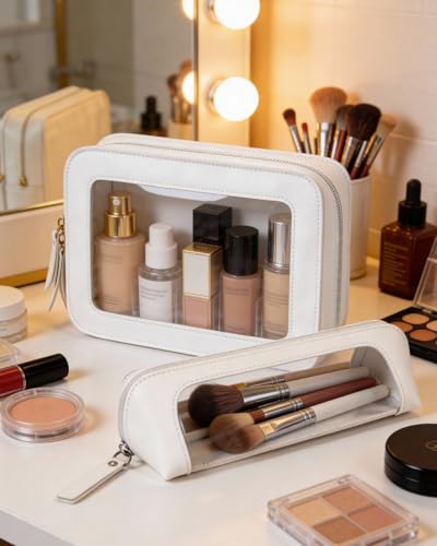 Image of LETGO 2 PCS Clear Makeup Bags Set,Waterproof PU Leather Travel Cosmetic Bags, Transparent Toiletry Bag Organizer with Zipper, Portable Makeup Brush Case Pouch for Women Girls Travel Daily Use (White)
