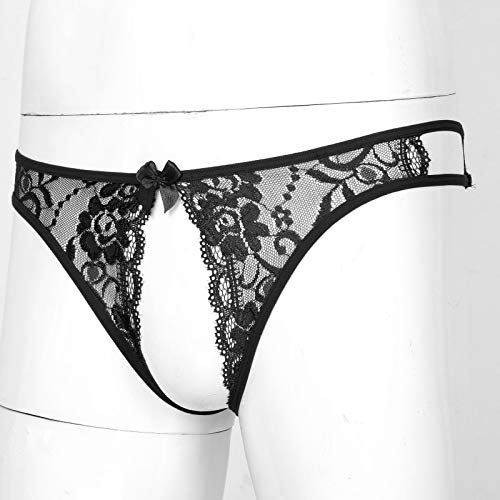 Zdhoor Mens Sissy Crossdress Floral Lace G-String Thongs Panties Ruffled Briefs Underwear Nightwear Black One Size #TOP4