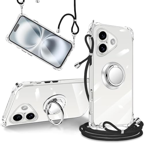 tuulaasii For iPhone 16 Plus �p �P�[�X �N���A ���� �����O�t�� �X�^���h�@�\ �X�g���b�v�t�� ���߉\�� �V�����_�[ TPU �V���R�� �A�C�t�H�� 16 �v���X �J�o�[ ������ ��|�� �R�t�� �X�}�z�P�[�X �X�g���b�v�z�[��