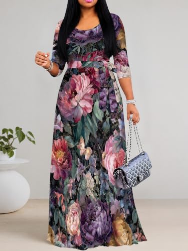 Image of PinkPatty Women's Plus Size Maxi Dresses Casual Flowy 3 /4 Sleeves Dress Printed Vacation Dress for Daily Wear with Belt
