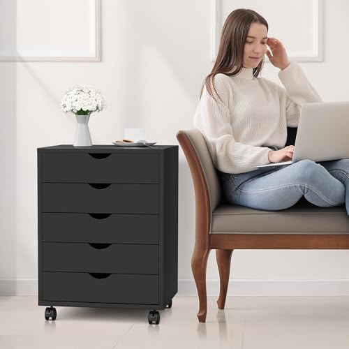 Simple Deluxe 5-Drawer Chest, Office Storage Dresser File Cabinet with Wheels, Mobile Dresser for...