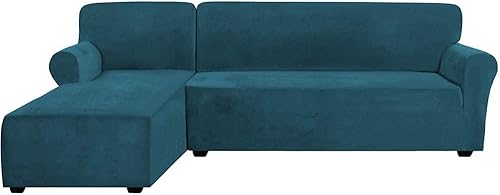 Fundas de sofá de lujo en forma de L, 2 piezas, fundas de sofá modular, funda elástica de terciopelo para sofá esquinero con correas en la parte