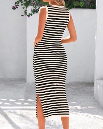 Image of Zenlonr Women's Sleeveless Summer Dresses 2025 Casual Crochet Knit Sundress Striped Long Tank Dress Beach Slip Dress