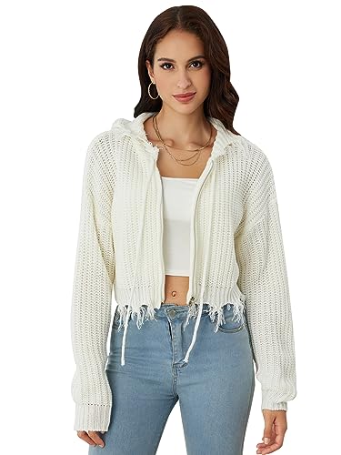 Image of WDIRARA Women's Rib Knitted Zip Up Cardigan Sweater Ripped Hem Drop Shoulder Long Sleeve Zipper Tops White S