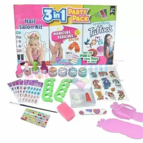 3-in-1 Party Pack Nail Salon Kit with Manicure Accessories, Nail Tattoos, 6 Nail Polishes