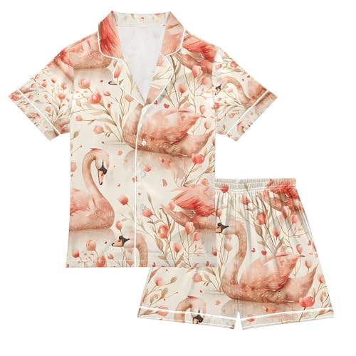 senya Graceful Swans Dancing Satin Summer Pajama Sets Silk Short Sleeve Button Down Sleepwear