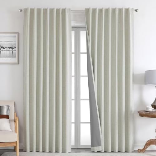 Joydeco Blackout Thermal Lined Curtains 66x90 Inch Drop 2 Panels with Back Tabs & Rod Pocket, 100% Light Blocking Linen Texture Fabric Curtain Drapes for Living Room Bedroom