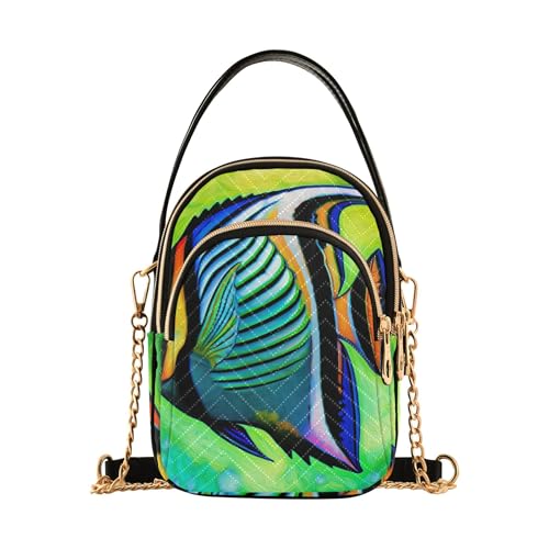Colorful Tropical Fish Green Blue Shoulder Purse Handbag Quilted Chain Wallet Cell Phone Purse Cute Crossbody Clutch Zipper Tote