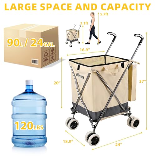 Image of Folding Grocery Shopping Cart Rolling Utility Cart with 360 Double Front Swivel Wheels Waterproof Removable Canvas Bag with Cover for Laundry Grocery, Shopping, Baggage, Picnic (Green)