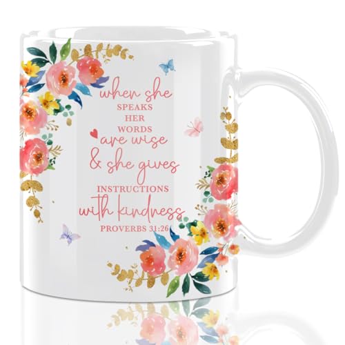 11oz Floral Coffee Mug Christian Gifts for Women, Inspirational Scripture Tea Mug for Home Office Work, Christian Appreciation Gifts for Her Mom Teachers, Christmas Birthday Gift White Ceramic Cup