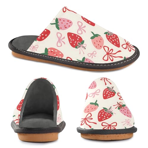 Slippers for Women Strawberry Simple Lines Bow Pattern Soft Winter Warm Shoes Indoor Outdoor Non-Slip House Travel Slippers4