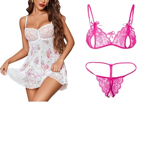 Image of SSoShHub Lace Babydoll Lingerie Sexy Mini Chemise Mesh Wedding Nightie Bridal Nightdress with Bikini