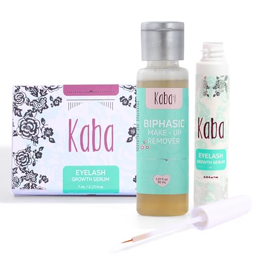 Kaba Eyelash Growth Serum for Longer Thicker & Stronger Eyelashes with Essential Oils. Dermatologist Tested. Includes Makeup Remover Oil - Improved Formula